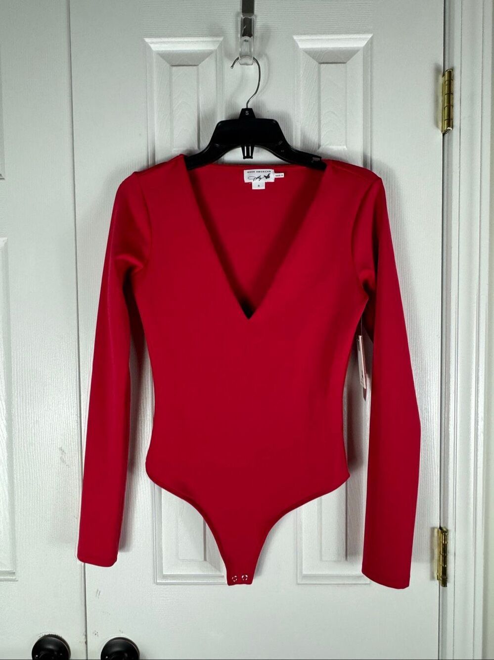 NWT Good American Sculpting Bodysuit Red Long Sleeve V Neck Size Small